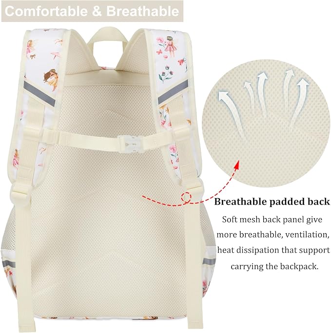 DSIUE Kids Backpack for Girls Elementary BookBags Teens School Backpack with Lunch Box Flower Fairy Beige