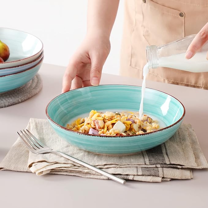 vancasso Bonita Pasta Bowls Set of 6, 38 oz Shallow Bowls, 8.5 Inch Ceramic Pasta Plates and Salad Bowls, Microwave & Dishwasher Safe Serving Bowls, Blue