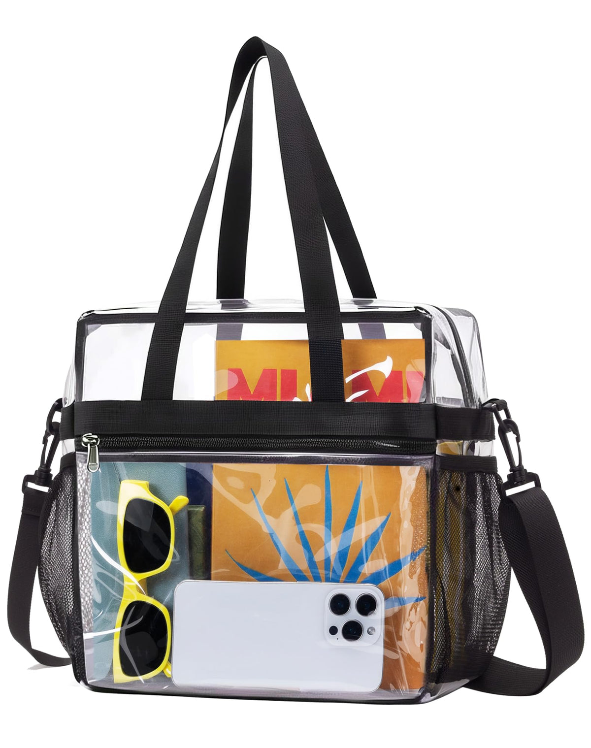 Lyingflat Clear Bag for Stadium Events Founctional 12x6x12 Stadium Approved Clear Tote Bag with Adjustable & Detachable Strap Black