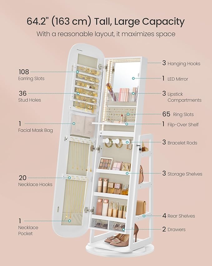 SONGMICS LED Jewelry Cabinet, 360° Swivel Jewelry Organizer, Lockable Mirror Jewelry Cabinet Standing, Rounded Wide Full-Length Mirror with Storage Shelves, Interior Mirror, Cloud White UJJC036W01