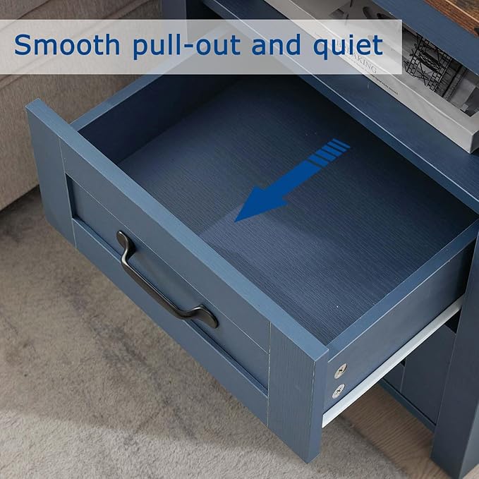 Farmhouse Night Stand Set of 2, Rustic Blue Nightstand for Bedroom, End Tables Without Charging Station, Bedside Table with Drawers, Wood Bedside Cabinet Dresser