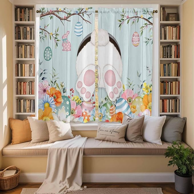Easter Bunny Window Curtains 63 Inch Long 2 Panel Set, Rod Pocket Bedroom