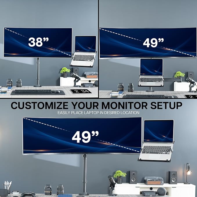 VIVO Ultrawide Monitor + Laptop Mount for up to 49 inch Screens and 10 to 15.6 inch Laptops, Double Screen Viewing, Smooth Articulation, Black, STAND-V113L