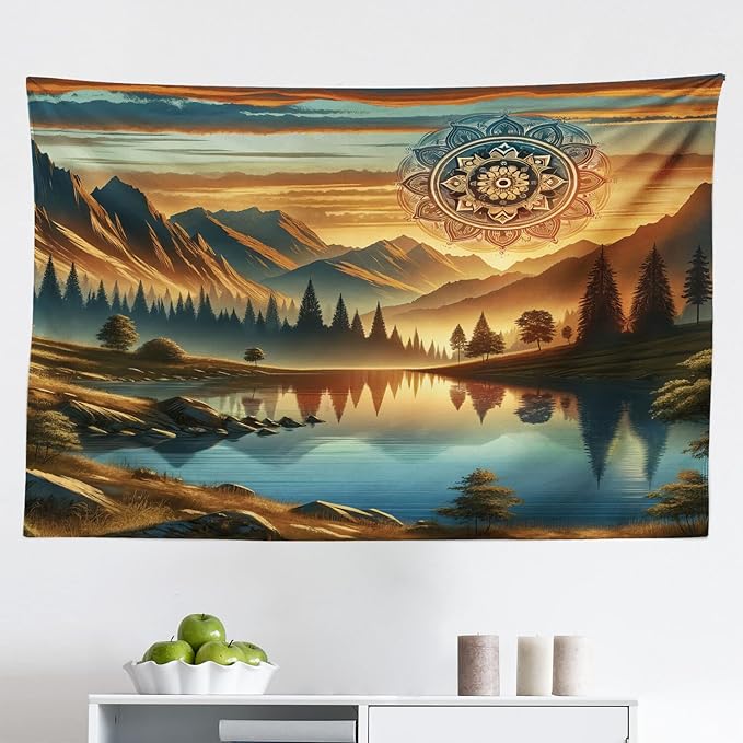 Ambesonne Mountain Tapestry, Laky Scenic Mounts and Woods Oriental Dream Aura Mandala Flower Boho, Fabric Wall Hanging Decor for Bedroom Living Room Dorm, 45" X 30", Pale Vermilion Sea Blue