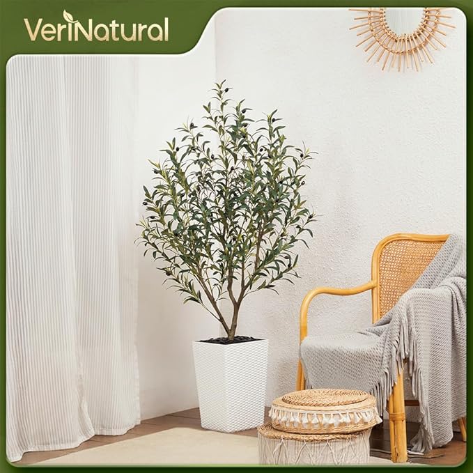 Artificial Olive Tree 5FT Indoor&Outdoor Faux Plant - UV Resistant Large Fake Tree with White Planter & Pebbles, Realistic Tall Potted Artificial Trees for Modern Home Decor Office Living Room VN132