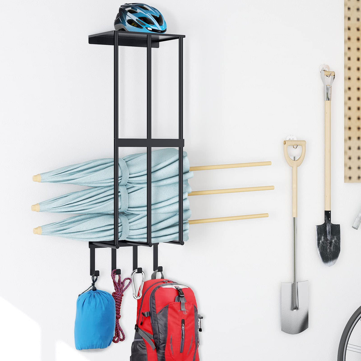 Camping Chair Wall Storage for Garage, Metal Camping Chair Storage Rack Wall Holder, Floating Shelf, 4 Hooks, Stainless Steel, Beach Chair Rack, Umbrella Holder, Garage Chair Organizer, Matte Black