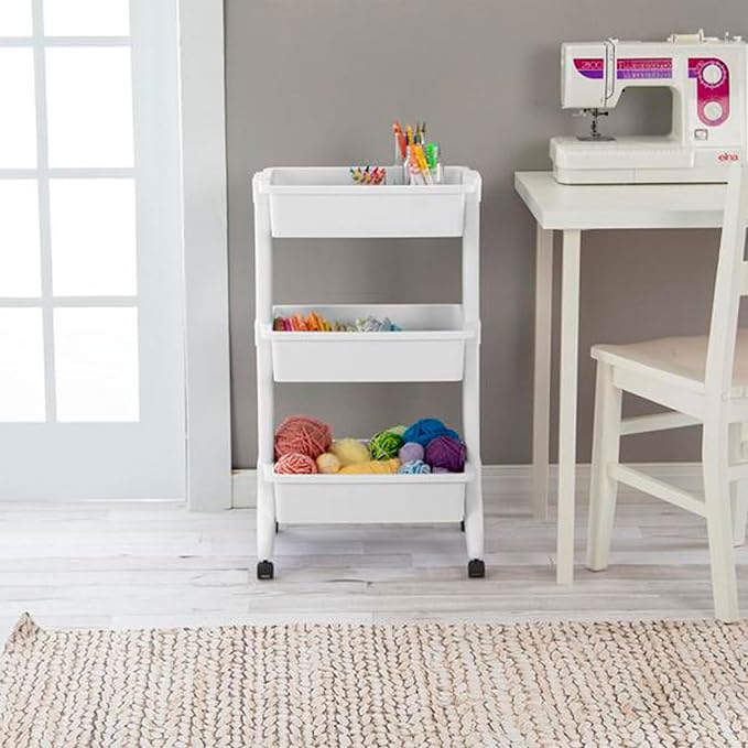 Sterilite 3 Tier Utility Cart Portable Storage Open Bin Organizer with 360 Degree Smooth Rolling Caster Wheels, Supports 10 lb Per Tier, White, 3-Pack