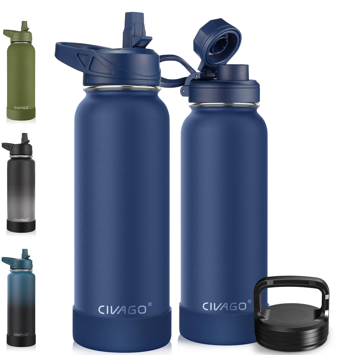 CIVAGO 40 oz Insulated Water Bottle With Straw, Stainless Steel Sports Water Cup Flask with 3 Lids (Straw, Spout and Handle Lid), Double Walled Travel Thermal Canteen Mug, Navy Blue