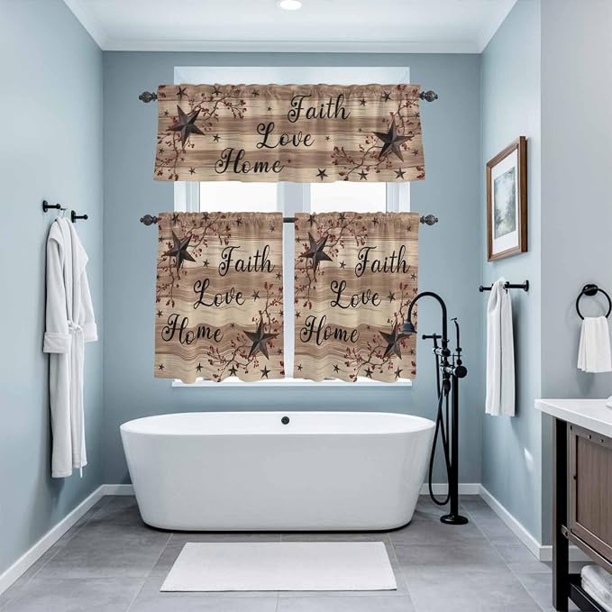 Kitchen Curtains Tiers and Valance Set of 3, Farmhouse Star Brown Light
