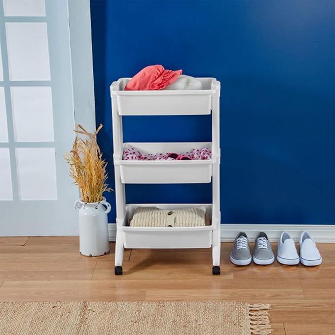 Sterilite 3 Tier Utility Cart Portable Storage Open Bin Organizer with 360 Degree Smooth Rolling Caster Wheels, Supports 10 lb Per Tier, White, 9-Pack