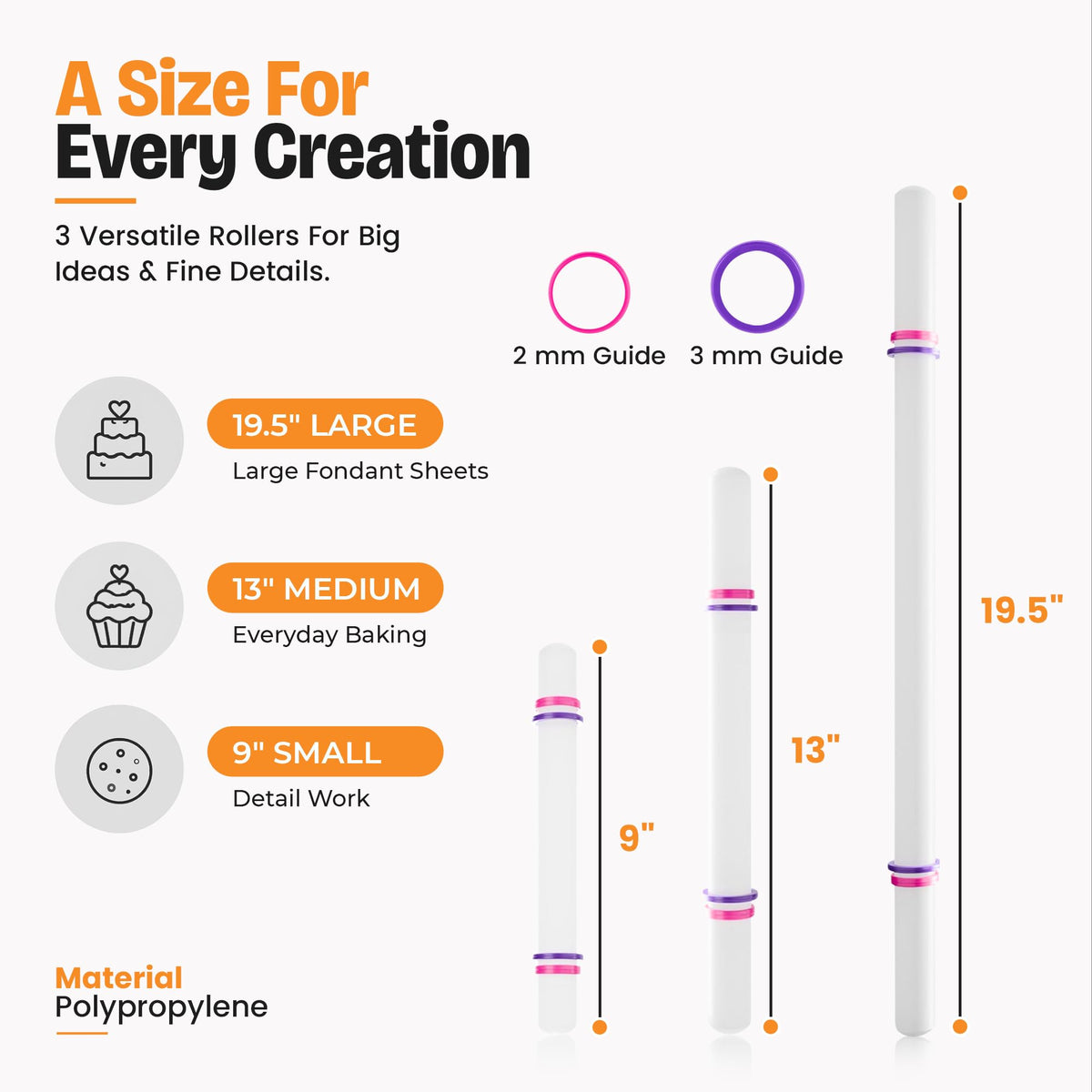 Bakerpan Fondant Roller Set - 3 Fondant Rolling Pins with Thickness Guide Rings for Fondant, Gum Paste, Sugar Paste & Cake Decorating - 19.5", 13" & 9"