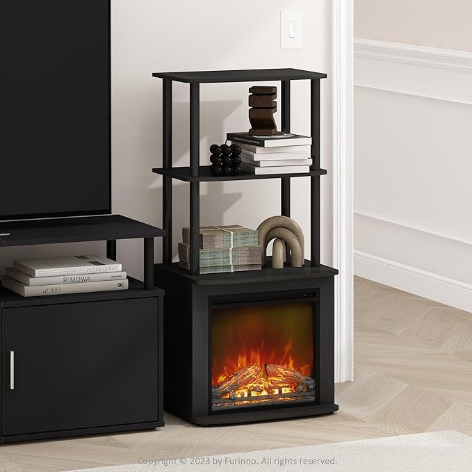 Furinno Turn-N-Tube Side Table, 3-Tier NO Heat Fireplace End Table with Open Shelf, Electric Fireplace Display Night Stand, Bedside Table, for Living Room, Bedroom, Americano/Black