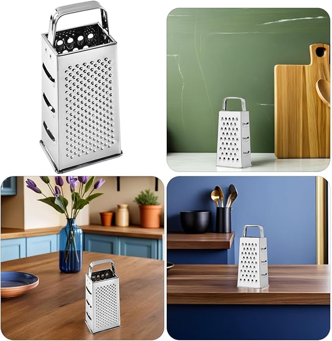Ciieeo Multifunctional 4-Sides Box Grater Stainless Steel Kitchen Gadget for Cheese Vegetable Fruit Grating and Slicing with Comfortable Grip Compact 9.64X4.17X3.14 Inch