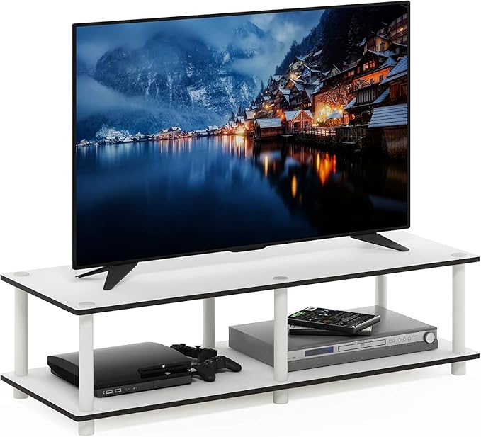 Furinno JUST TV Stand, 2-Tier Wide Entertainment Center with Open Shelf, No Tools TV Console for TV up to 46 Inch with Tubes, for Living Room, Bedroom, Plain White
