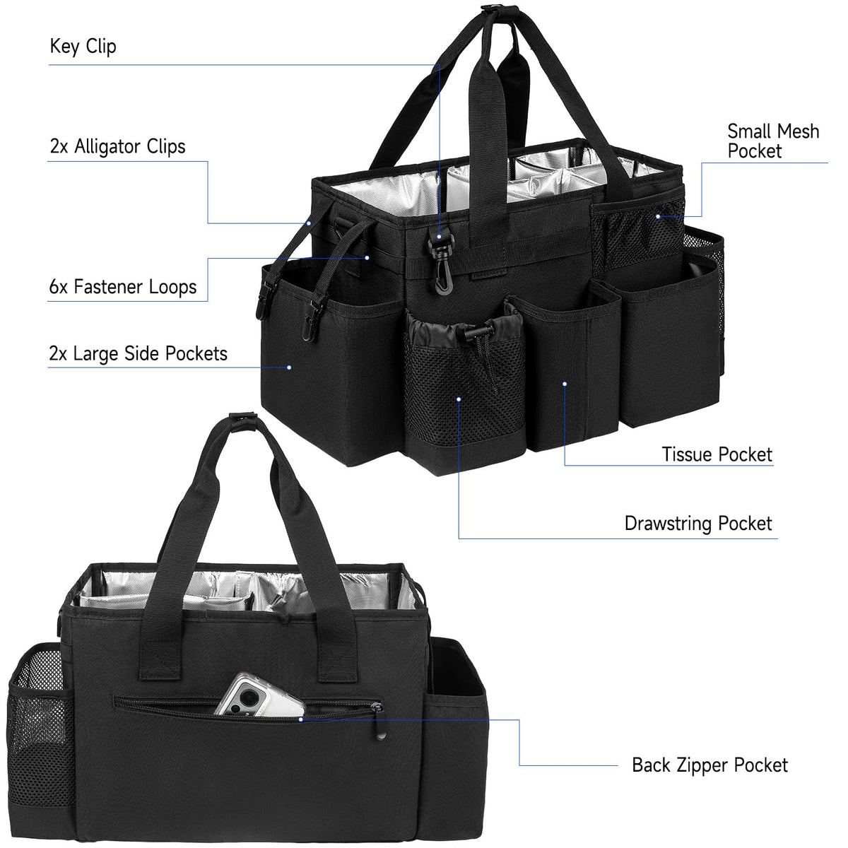 Cleaning Caddy Bag, Cleaning Supplies Organizer for Housekeepers, Housekeeping Caddy with Handle and Detachable Padded Cushion, Black