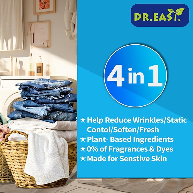 DR.EASY Dryer Sheets Plant Based Formula 252 Ct BLUE OCEAN,Softener sheets for Laundry Unscented No Dyes Reduce Static & Wrinkles Help Repel Pet Hair