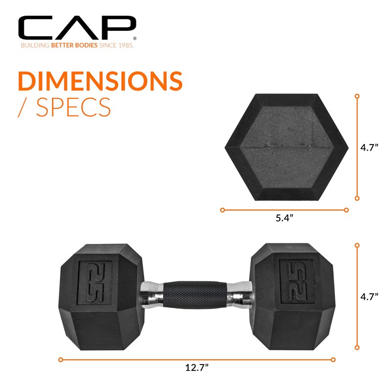 CAP 25 LB Rubber Coated Hex Dumbbell Weight, Rubber Free Weights for Home Gym Strength Training, Comfort Grip Handle, Pair