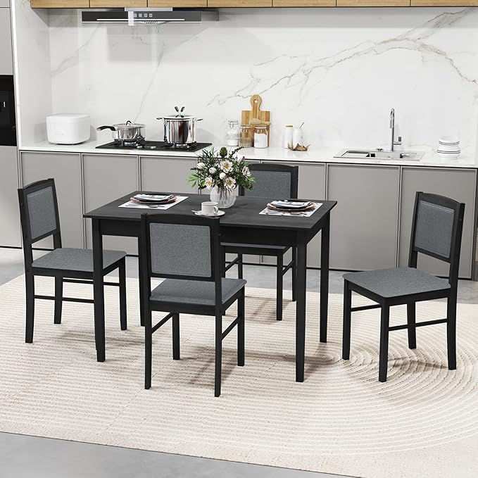 NAFORT Kitchen Table Set for 4, Mid-Century Modern Dining Table and Chairs Set of 4, Farmhouse Dinner Table Set w/ 4 Upholstered Chairs, Rubber Wood Dinette Set for Kitchen& Dining, Restaurant