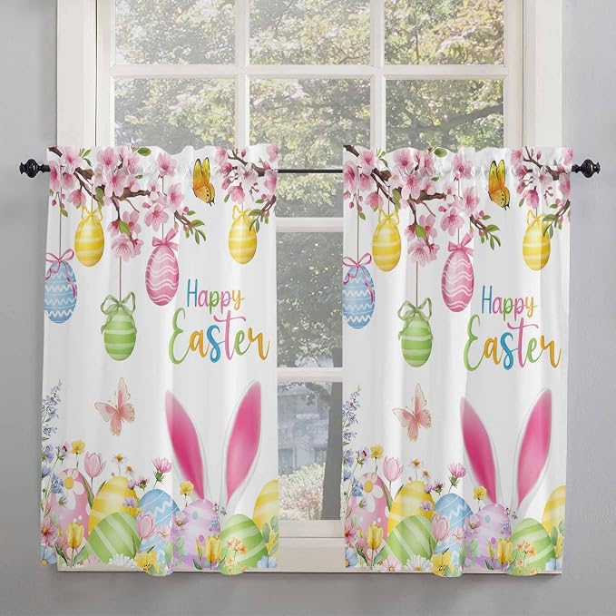 Happy Easter Kitchen Curtains 45 Inches length, Spring Watercolor Bunny Eggs
