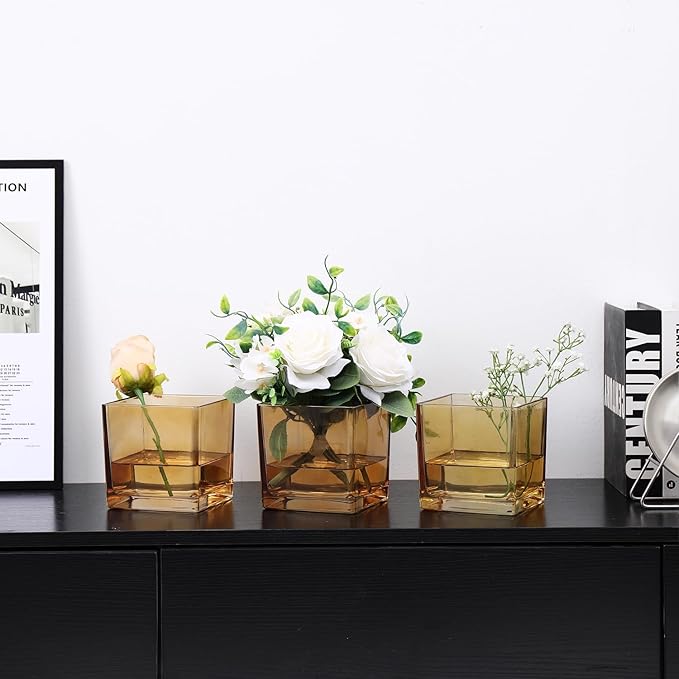 MARTAGE Square Amber Glass Vases Set of 6, 5" x 5" x 5" Flower Vases for Centerpieces, Square Vase for Centerpieces, Small Vase for Wedding, Party, Home Office Decoration