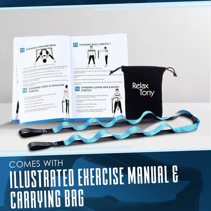 Relax Tony Yoga Stretching Strap | 12 Loops Non-Elastic Stretching Yoga Strap | Stretching Band for Physical Therapy, Home Workout Exercises, Pilates & Dance | Includes Carrying Bag & Workout Guide