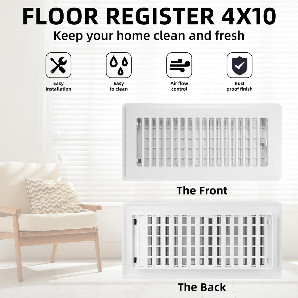 Floor Register 4x10, 4 Pack Floor Vent Covers for Home Floor Heavy Duty Steel Panel Walkable Floor Grates Adjustable Air Vent Covers 4" x 10" Floor Vent, White