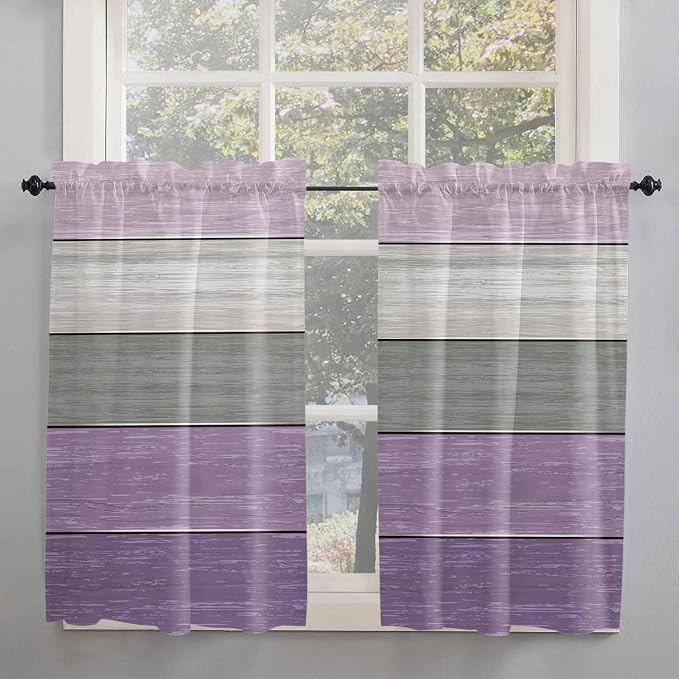 Country Wood Board Gray Purple Window Valance Curtains, Farmhouse Gradient