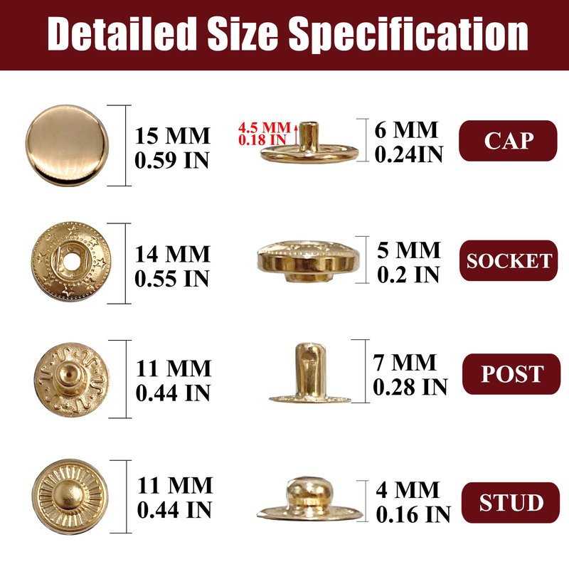 Raydodo 12 Set Leather Snap Fasteners Kit, 15mm Metal Snap Buttons Kit Press Studs with 4 Install Tools, Rivets and Snaps for Clothing, Jeans, Jackets, Bracelets, Bags (Gold)