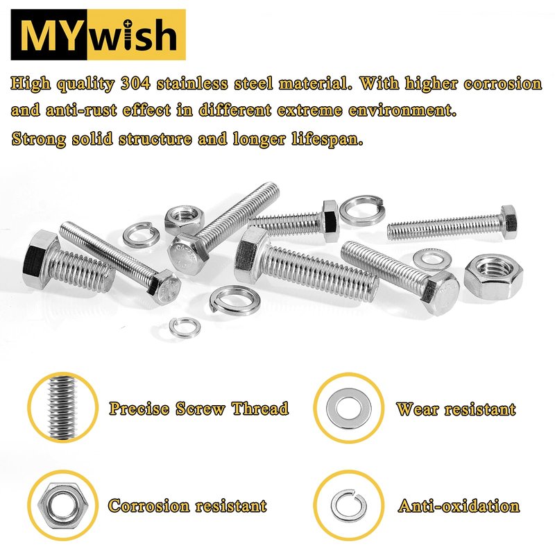 Mywish 448PCS M5 M6 M8 Screw Set, Metric Bolt Assortment, 304 Stainless Steel, Nuts and Bolts Set Flat & Spring Washers, Hex Head Cap Screws Bolts and Nuts Kit, Fully Thread