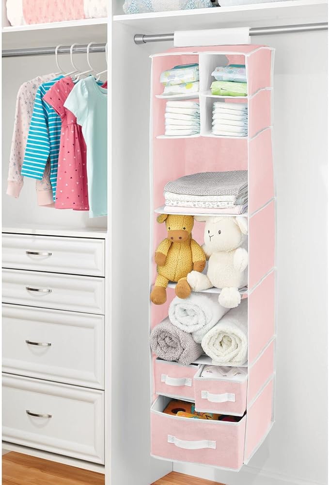 mDesign Fabric Hanging Organizer - Over Closet Rod Storage - 7 Shelves/3 Removable Drawers for Baby Nursery or Bedroom Organization, Holds Clothes, Toys, Accessories, Jane Collection, Pink/White