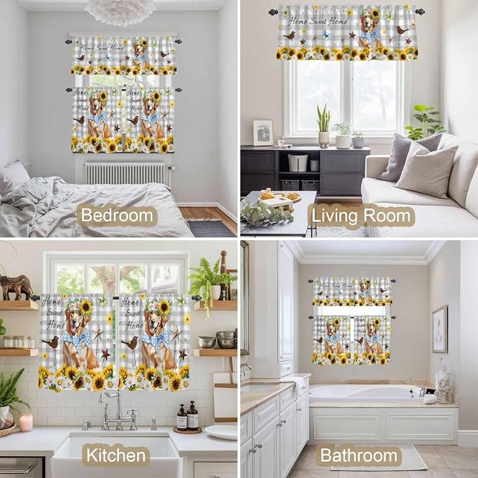 Kitchen Curtains Tiers and Valance Set of 3, Sunflowers Dog Light Filtering