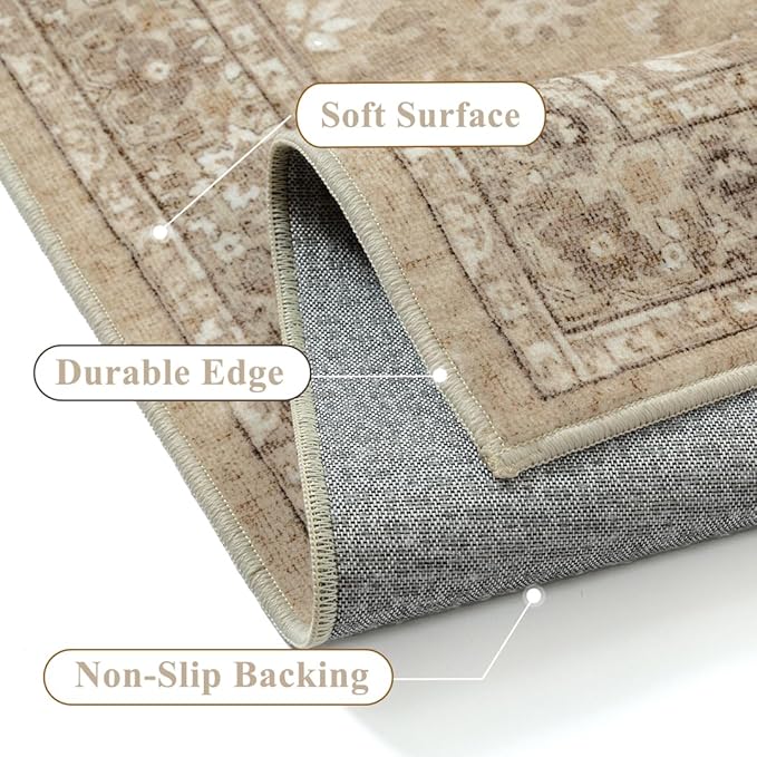 2x3 Brown Entryway Area Rug Machine Washable Doormat Kitchen Vintage Distressed Non Slip Carpet Indoor Traditional Floral Accent Throw Small Rug for Bathroom Office Bedroom Living Dining Room