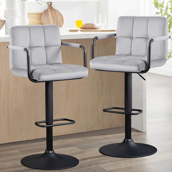 Furnimart Adjustable Bar Stool Swivel Barstools Set of 2 Counter Stools with Armrest and Footrest Upholstered Bar Chairs for Kitchen and Dining Room (Velvet-Grey)