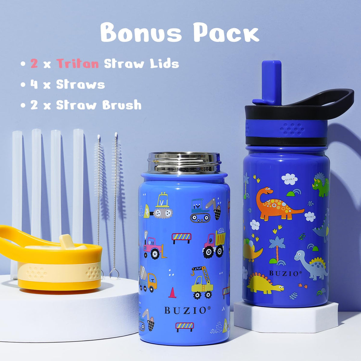2 Pack Insulated Kids Water Bottle, BUZIO 14oz Stainless Steel Water Bottles with Tritan Straw Lid, BPA-FREE Lead-Free Double Wall Leak Proof Drink Cups Flask for School (Blue Car +Blue Dinosaur)