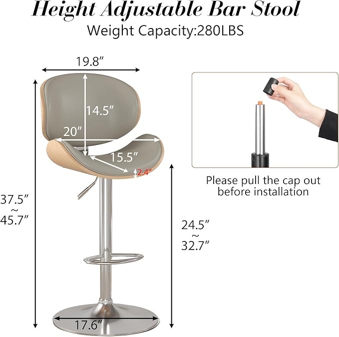 KCC Bar Stools Set of 2, Swivel Adjustable Height Barstools, PU Leather Upholstered Bar Chairs with Footrest, Bentwood Bar Stool for Kitchen, Bar, Dining Room(Grey PU)