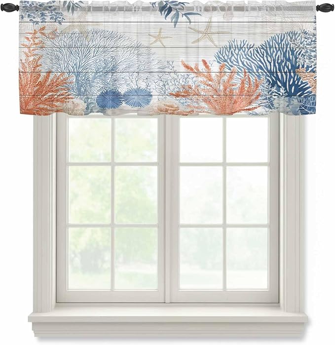 Ocean Corals Sheer Valance Curtains, Summer Beach Coral Sea Stars Wood Grain