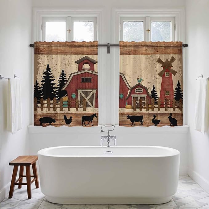 Brown Farmhouse Kitchen Curtains, Vintage Country Animals Wooden Grain Light