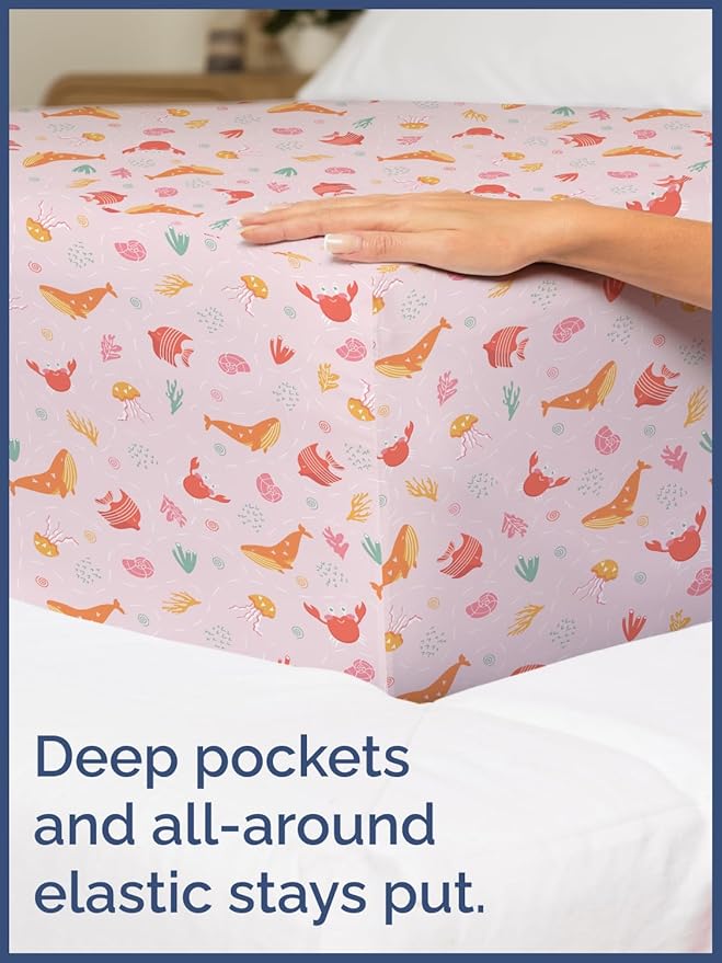 Kids Pink Fish Full 4 Piece Sheet Set - Boys, Girls, Teens, Toddler - Easy Fit Deep Pockets - Breathable, Hotel Quality Bedding Sheets - Machine Washable - Wrinkle Free - Cute, Cozy, Soft - CGK Linens