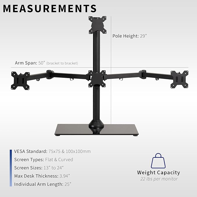 VIVO Black Steel Quad Freestanding LED LCD Computer Monitor, Heavy Duty 3 plus 1 Fully Adjustable Stand with Base, Holds 4 Screens up to 24 inches, STAND-V004TG