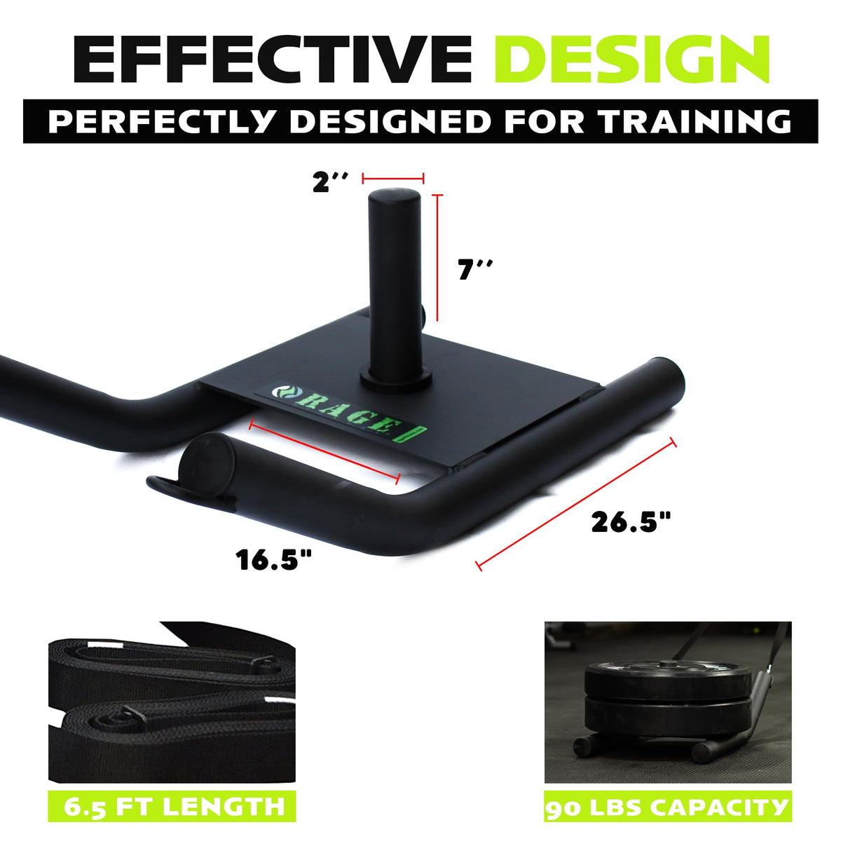 Rage Fitness R2 Weight Training Pull Sled with Harness. 90 LBS Capacity & 6.5 Feet Strap. Power Speed Sled Ideal for Endurance and Weight Training. Compatible with Bumper Plates (Black)