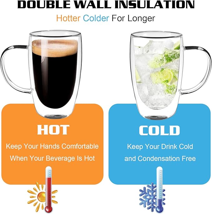Clear Glass Double Wall Insulated Round Coffee Mugs Set of 6 Pieces - Large Size 16oz Best Reusable Coffee Mug for Home Cafe Restaurant Perfect for Espresso Capucinno Lungo Latte Coffee