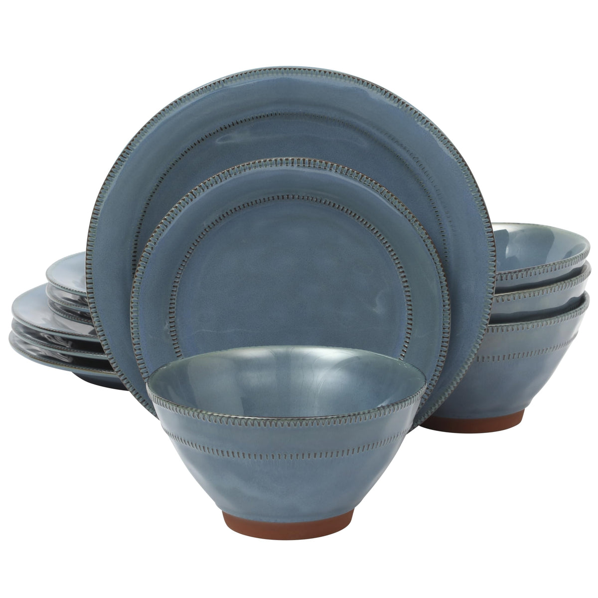 Gibson Elite 12 Piece (Service for 4) Townscape Plates and Bowls Reactive Glaze Embossed Round Dishes Terracotta Ceramic Dinnerware Set - Dark Green