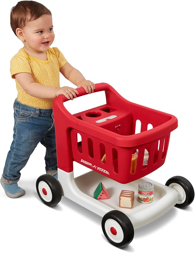 Radio Flyer Toddler Shopping Cart Walker with Wheels, Lights, and Sound for Ages 1+, Educational and Imaginative Play and Walk Behind