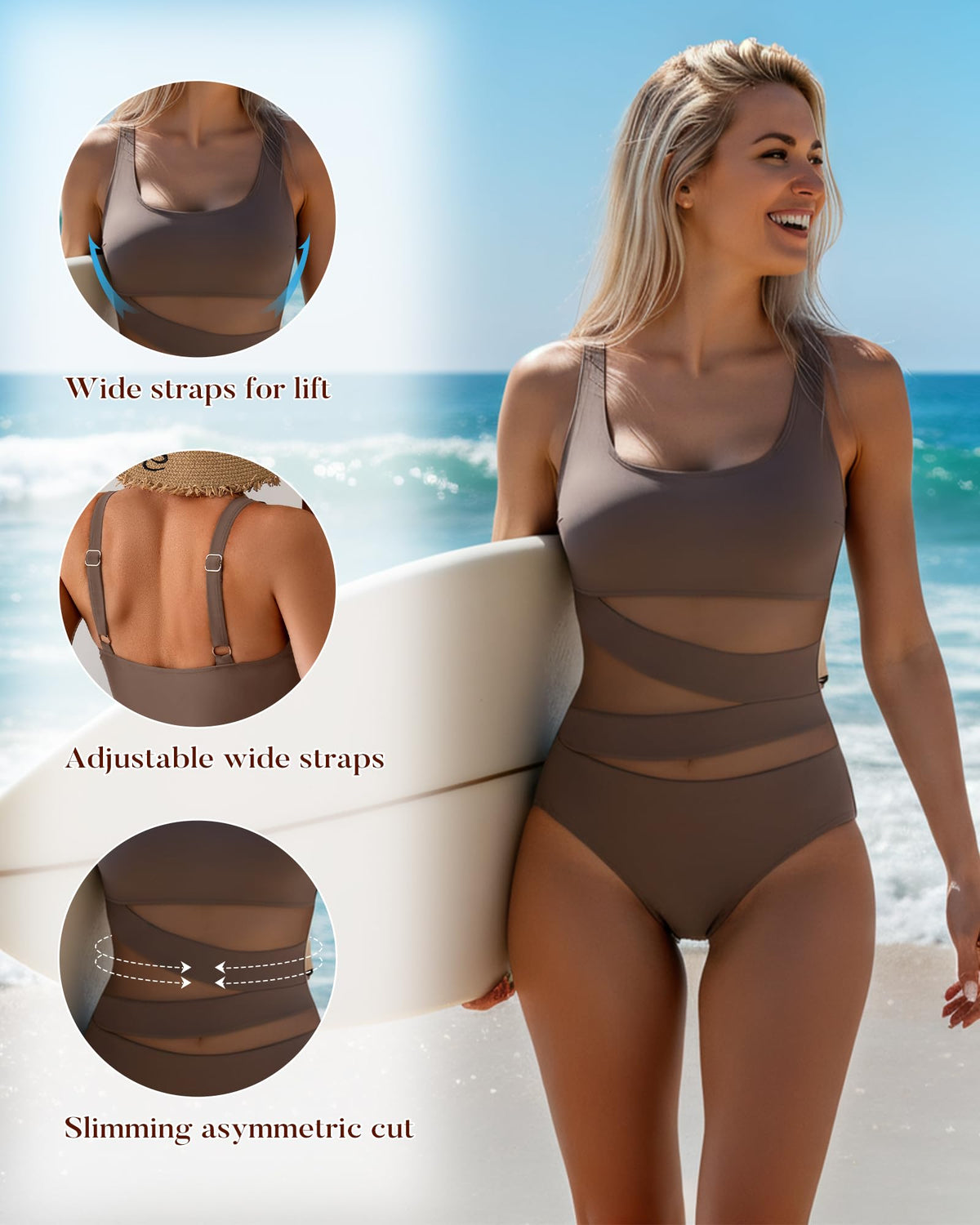 B2prity Women's Mesh One Piece Swimsuit Tummy Control Sexy Bathing Suit Push Up Swim Suit Slimming Swimwear Black