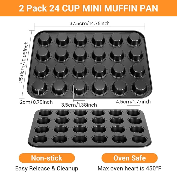 WESIRI 2 Pack Mini Muffin Pan Nonstick 24 Cup, Mini Cupcake Pans for Baking 24 Cups, Carbon Steel