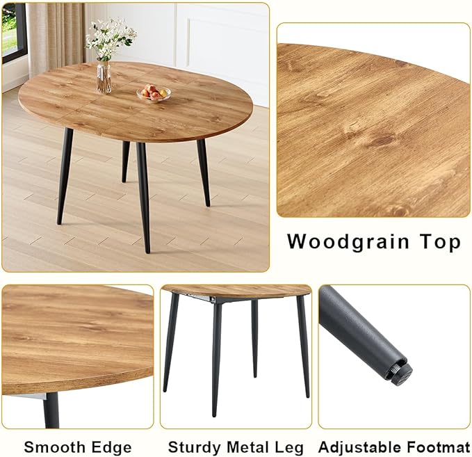Round Dining Table Set for 4, 42"-54" Extendable Dining Table Set for 4, 0.73" Thick Wood Tabletop with Smooth Edge, Black Metal Leg with Non-slip Footmat, 4 Soft PU Chairs, Small Space, Easy Assembly