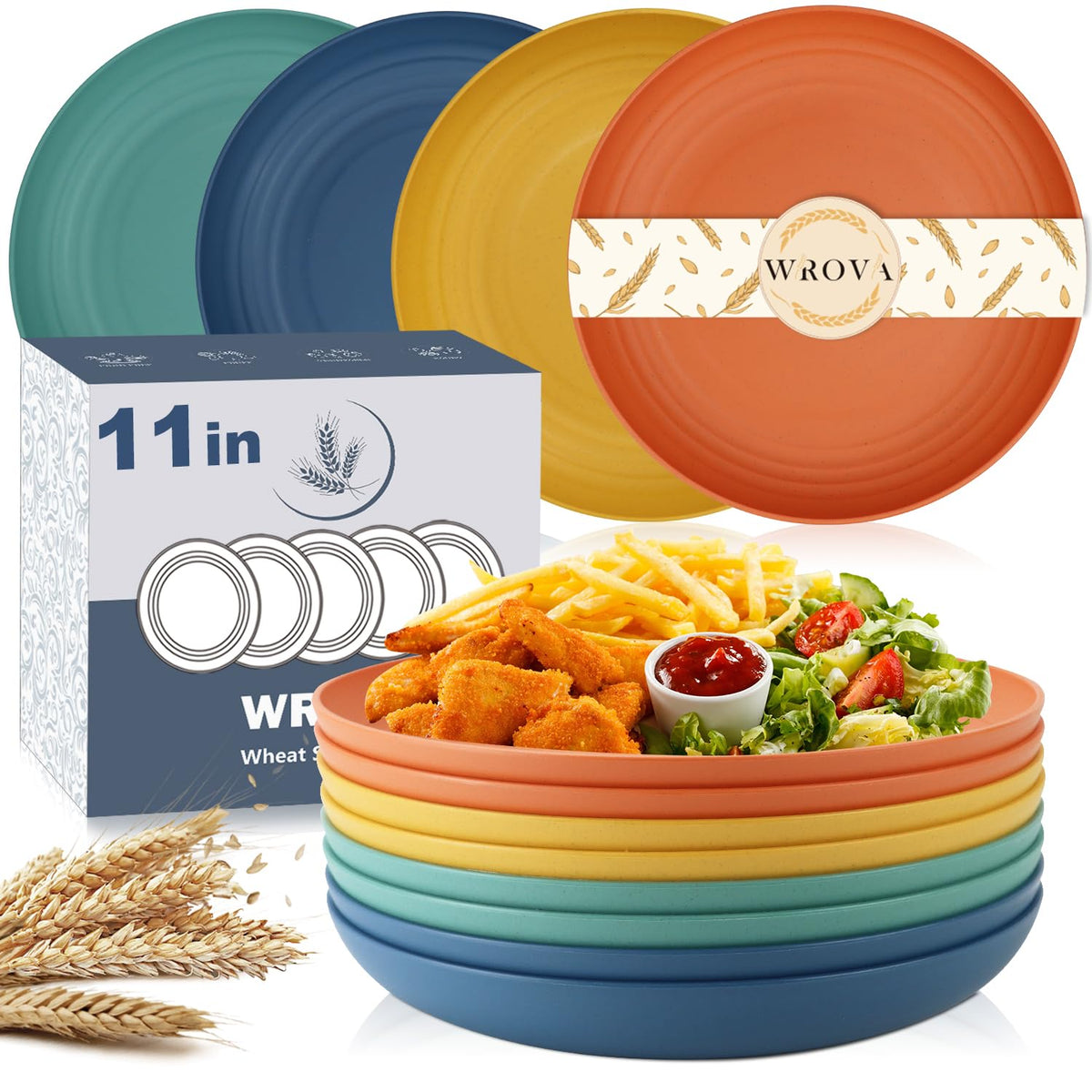 Wrova Wheat Straw Plates - 8 Inch Unbreakable Dinner Plates Set of 8 - Dishwasher & Microwave Safe Plastic Plates Reusable - Lightweight Plates for kitchen,R.V (pure black)