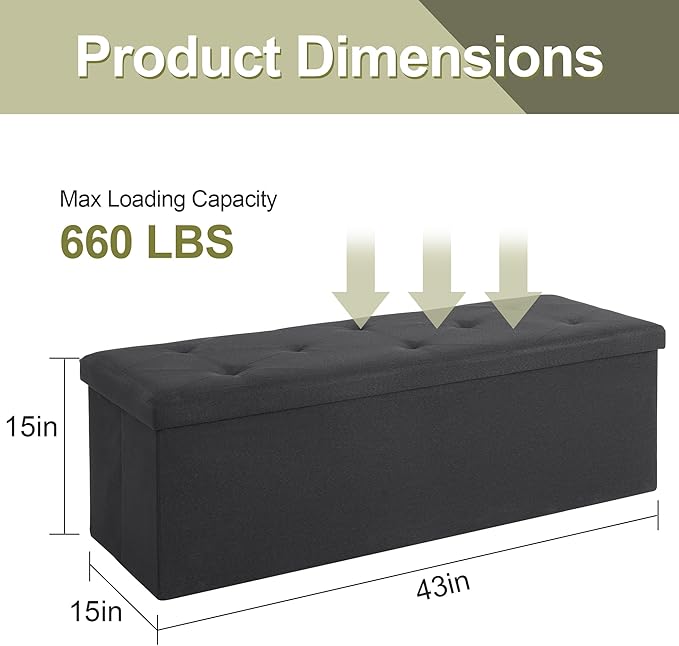 VECELO 43'' Folding Storage Ottoman Bench, Storage Chest, Linen Fabric Foot Rest Stool, 158L Storage Footstools for Bedroom and Living Room, Holds up to 660 lbs, DBlack