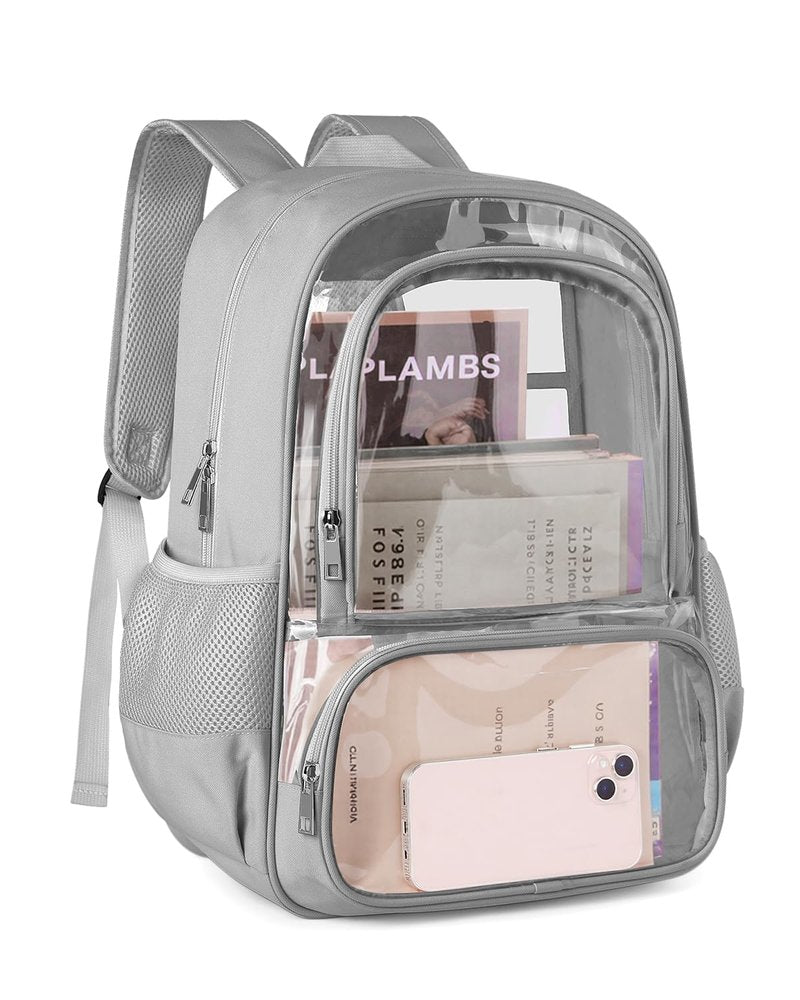 KIMNERPU Clear Backpack, Fabric & PVC Transparent Backpack with Reinforced Strap for Women Men, Heavy Duty Transparent Bookbag, Large Capacity Clear Bag, Travel, Security, Grey
