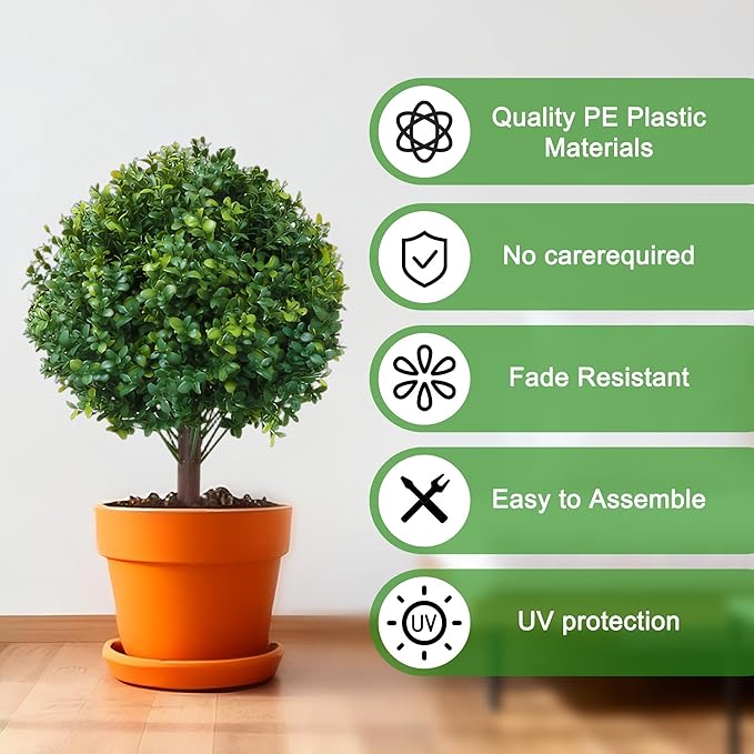 23.6" Artificial Boxwood Topiary Ball Trees, 2 Pack UV Resistant Artificial Plants Outdoor, Boxwood Balls with Ground Spike, Fake Plants for Front Porch Decor, Outdoor, Indoor (Green)